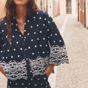 ZARA Navy Blue Embroidered Women's Top NWT